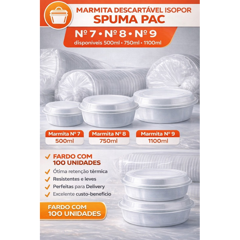 MARMITEX ISOPOR  500,750,1100 ml 100 UNIDADES - 100% Reciclável e Seguro para Alimentos