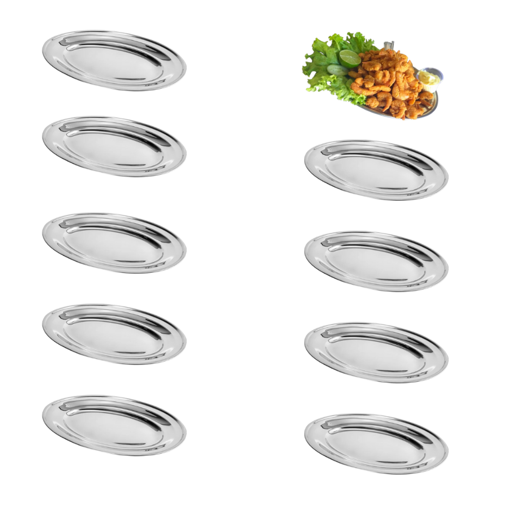 10 Bandejas Oval Inox 25cm Travessa Inox Restaurante Porção Atacado