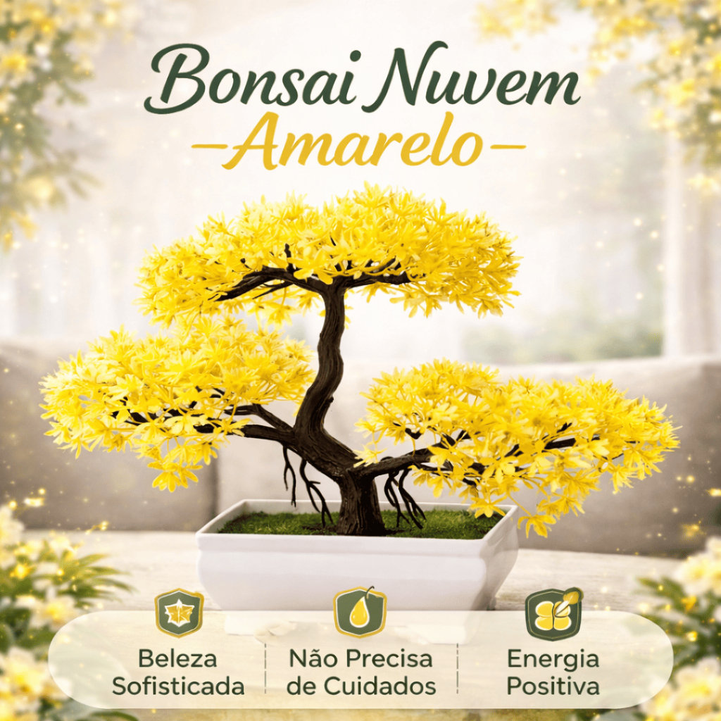 Planta Bonsai Nuvem Artificial – Folhas Amarelas Vibrantes em Vaso Branco Retangular