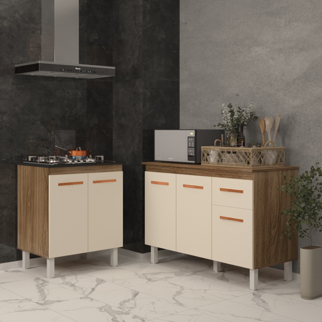 Balcão Para Cooktop 5 Bocas Fran e Armário Aline 118 cm Cozinha Gabinete Savana Off White com Tampo Tampão Savana