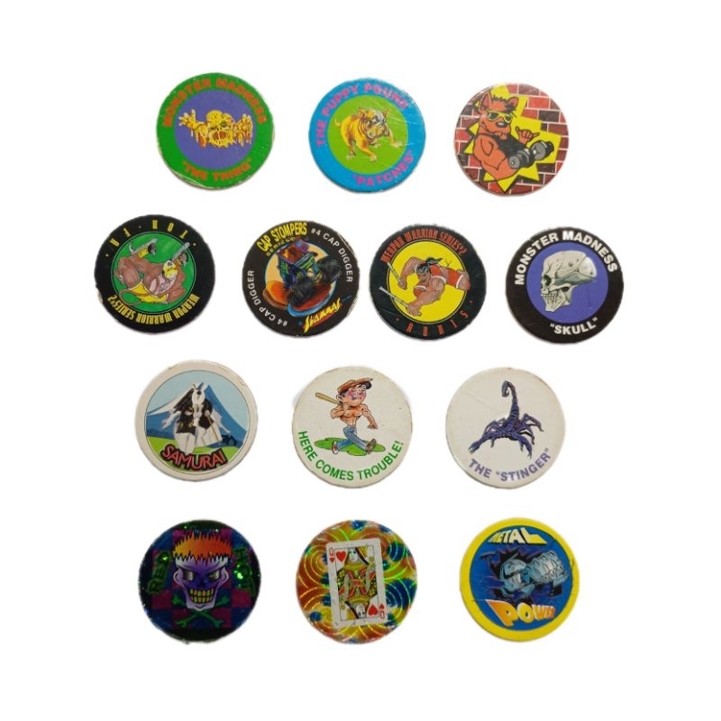 kit lote 13 tazos cromos caps divertidos antigos retro colecionador nerd geek cards
