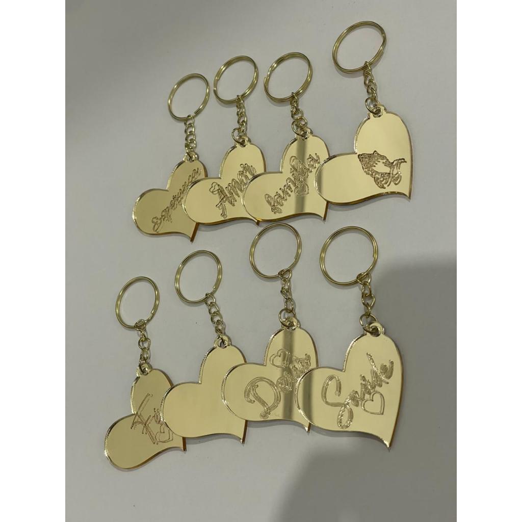 Kit Chaveiro Coração de Acrílico Dourado Espelhado Personalizado Lembrancinha Dia das Mães Mulheres