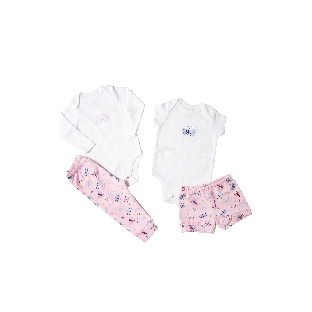 Kit 4 Peças - Calça e Body longo + Short e Body curto Arco iris e libelulas