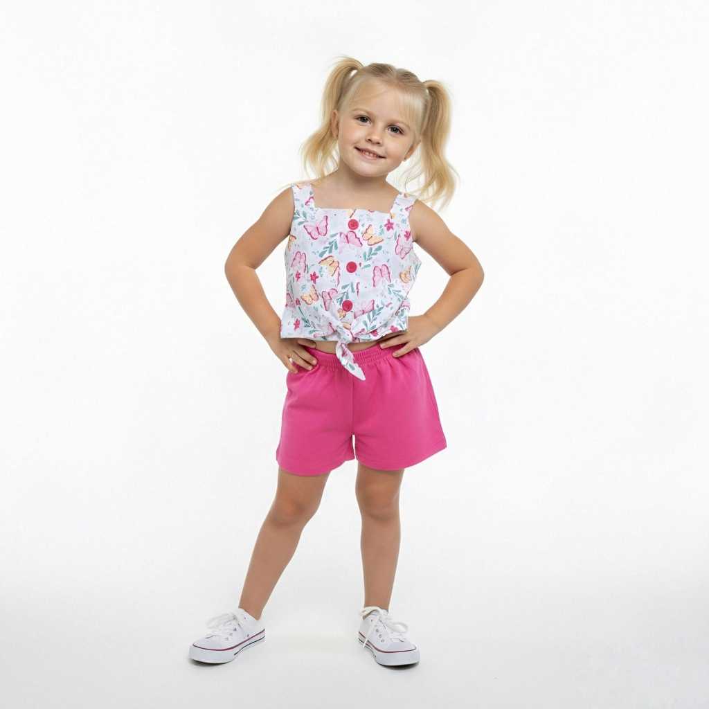 Conjunto Infantil Feminino Blusa Estampada com Laço e Short – Cor Sortida