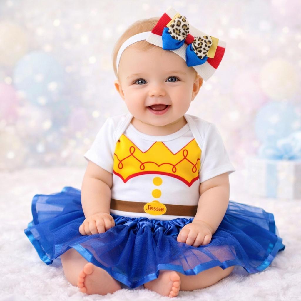 Kit Body Bebê Menina Jessie Toy Story Mesversário Fantasia Infantil Saia Tule e Laço
