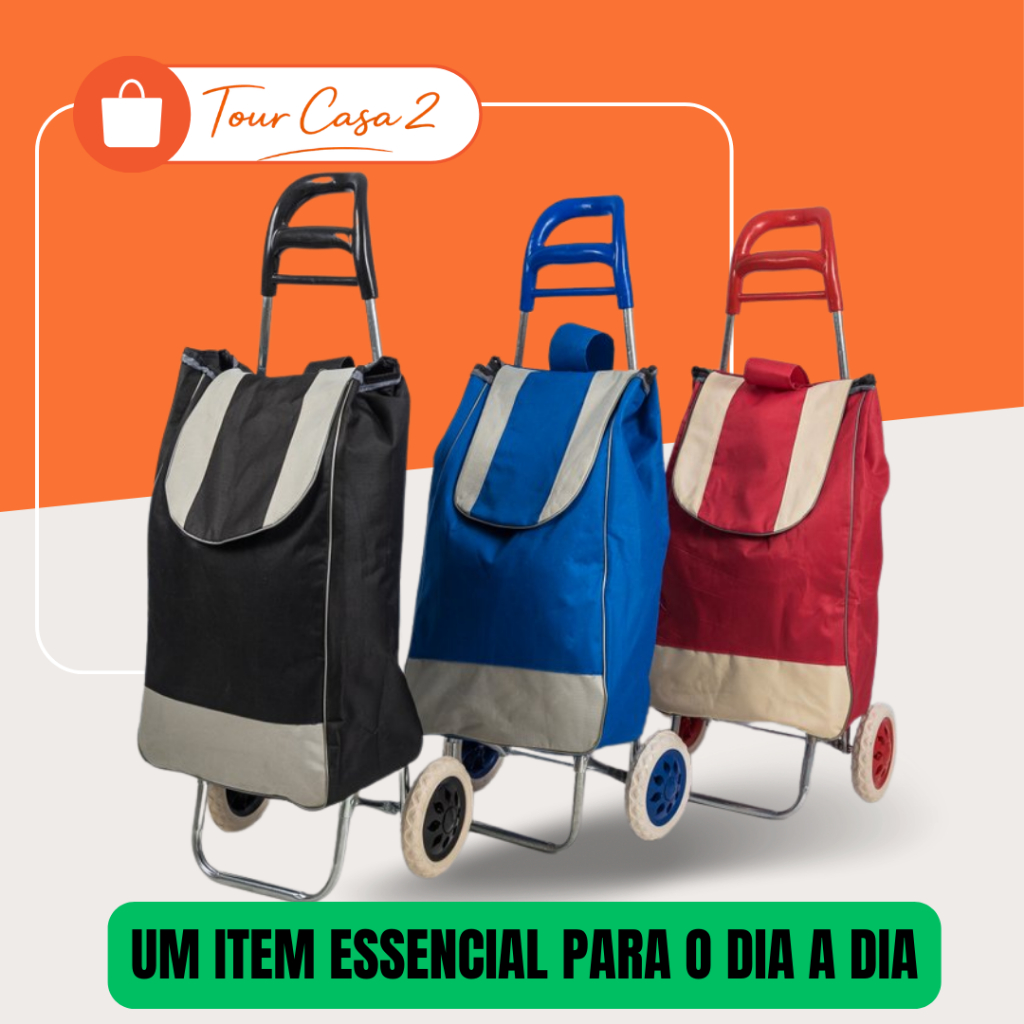 Carrinho de Feira Dobrável com Bolsa Grande Reforçado Rodas Resistentes Compras Mercado Cor sortida