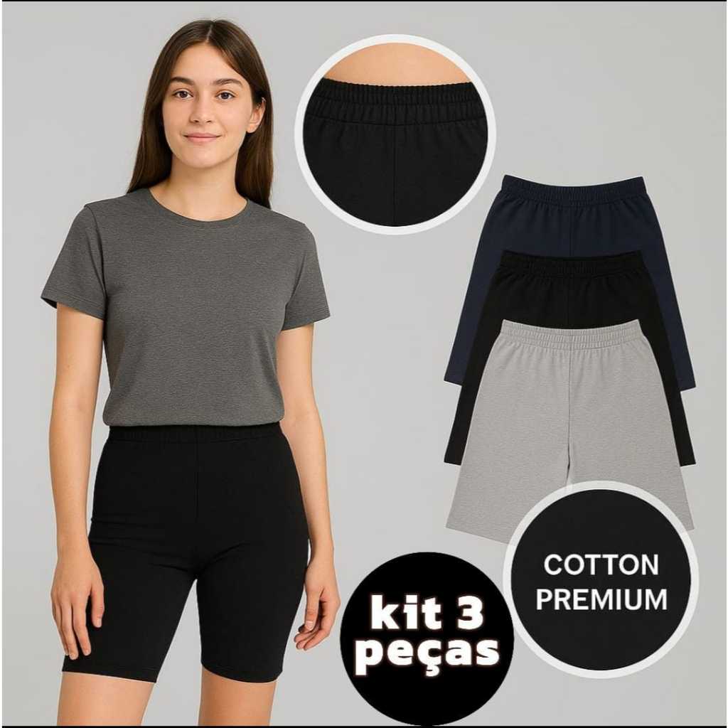 Kit 3 Shorts Cotton Infantil Juvenil Meia Coxa – Conforto Dia a Dia Escola Academia