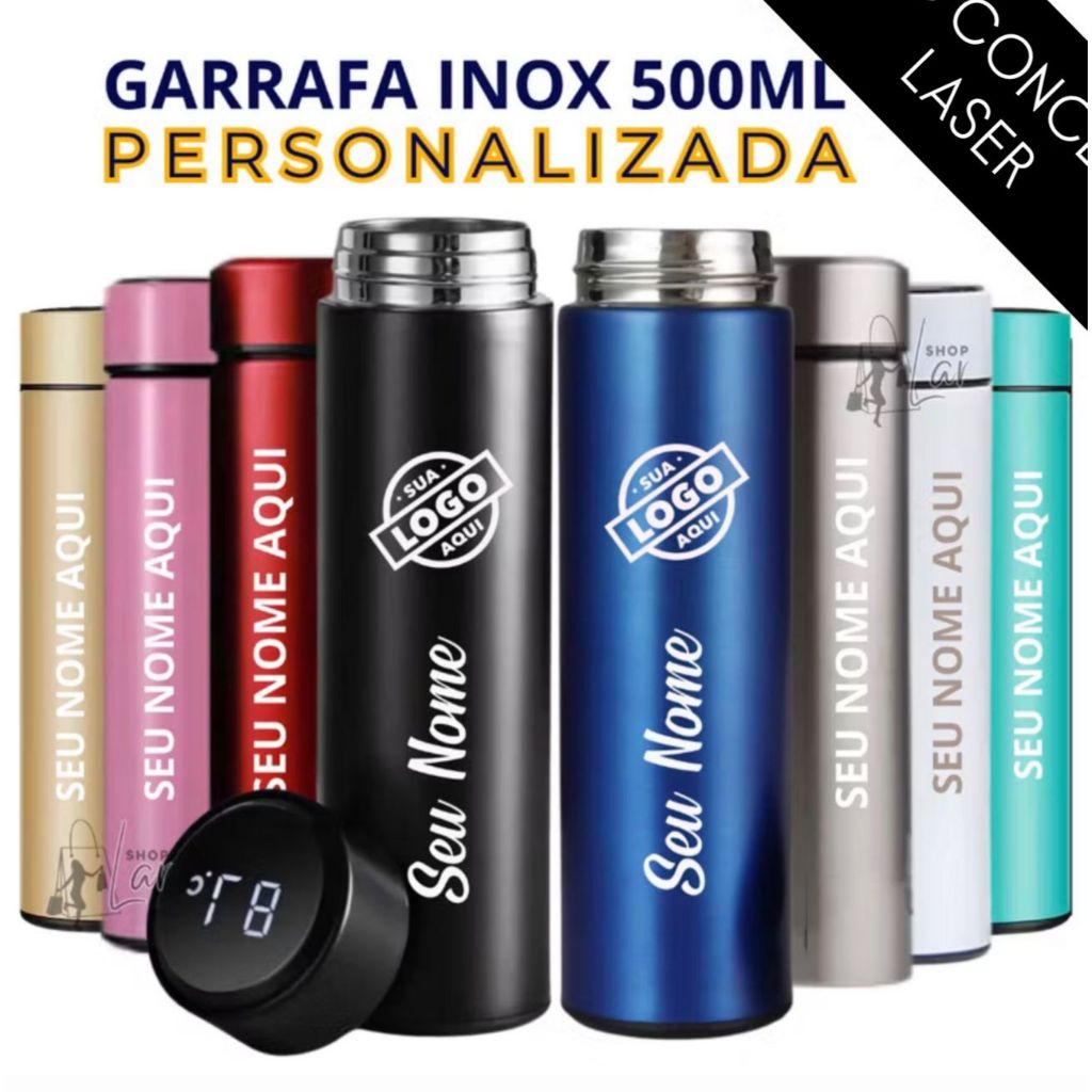 GARRAFA TÉRMICA INOX 500ML PERSONALIZADA A A LASER, COM MEDIDOR DE TEMPERATURA TERMÔMETRO LED