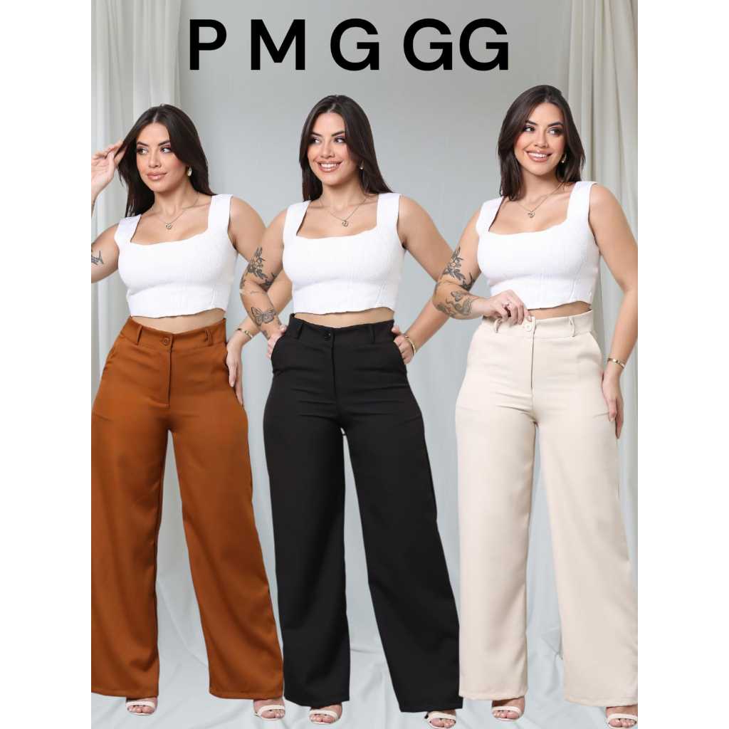 Calça alfaiataria pantalona feminino zíper em frente e boton bolsos elegantes cintura alta  P/M/G/GG em Oferta na Shopee