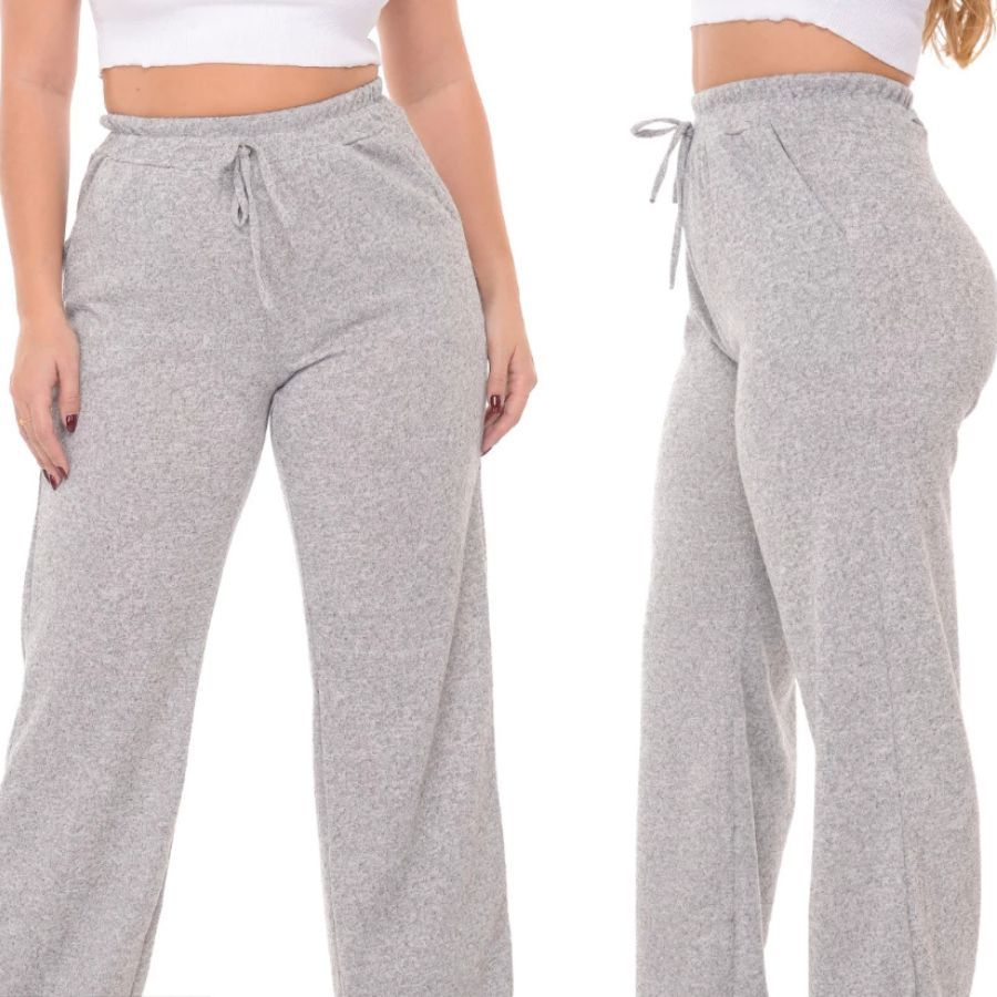 Calça Pantalona Feminina Cintura Alta Com Bolso Tecido Lanzinha