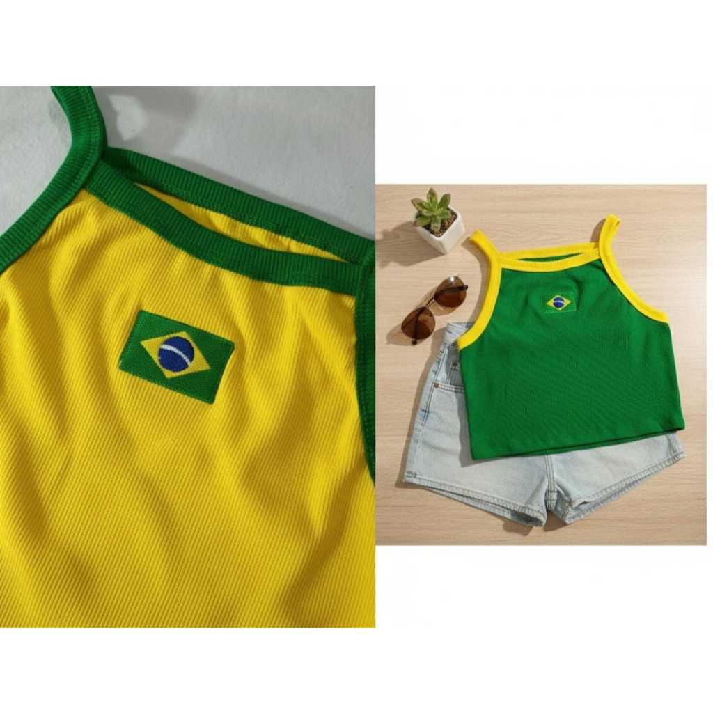 CROPPED REGATAS FEMININAS  DO BRASIL RIBANA COPA DO MUNDO COM BANDEIRA BORDADA