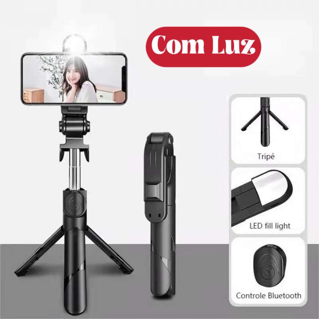 Bastão Pau de selfie Tripé Retrátil Com Luz LED Controle Bluetooth Celular XT02
