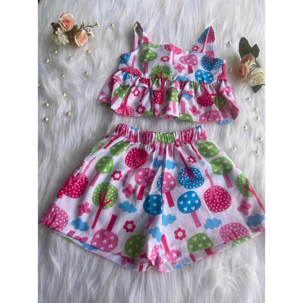 CONJUNTO INFANTIL FEMININO BLUSINHA COM BABADO+SHORT ESTAMPADO ALÇAS LARGAS LAÇO NA PARTE DE TRÁS!