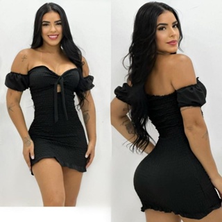 vestido Feminino tubinho Curto feito no lastex, com decote e laço, estampados e lisos, modelo tomara que caia. em Oferta na Shopee