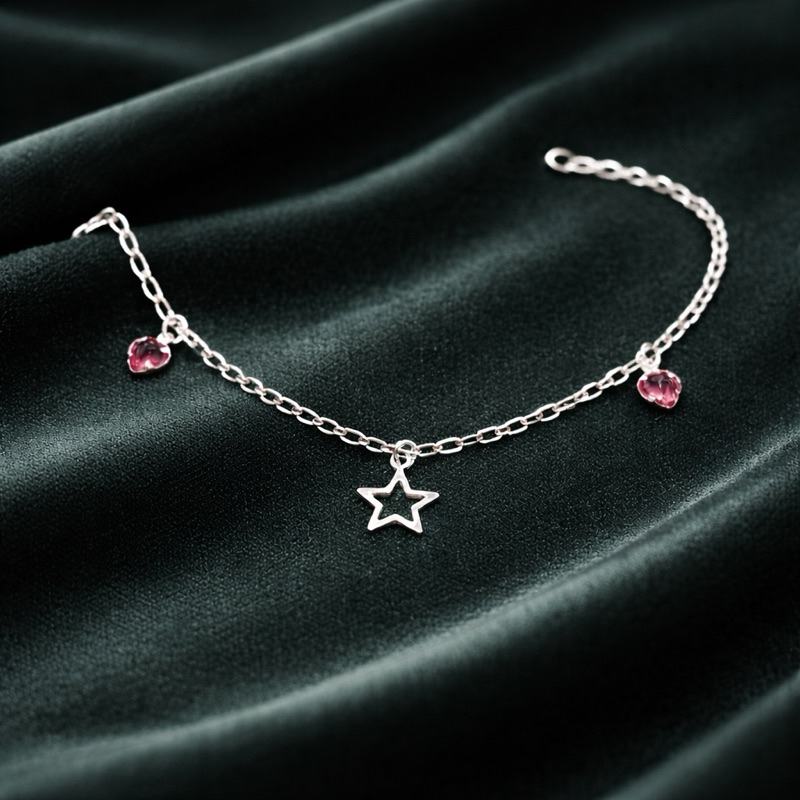 Pulseira Feminina em Prata 925 com Estrela e Corações Rosas Elegante e Charmosa