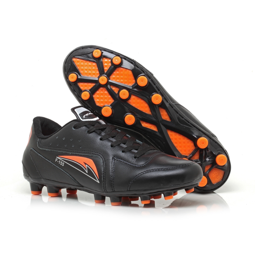 Chuteira de Futebol Campo de Couro Legítimo Preto Laranja Costurada Lançamento Promoção