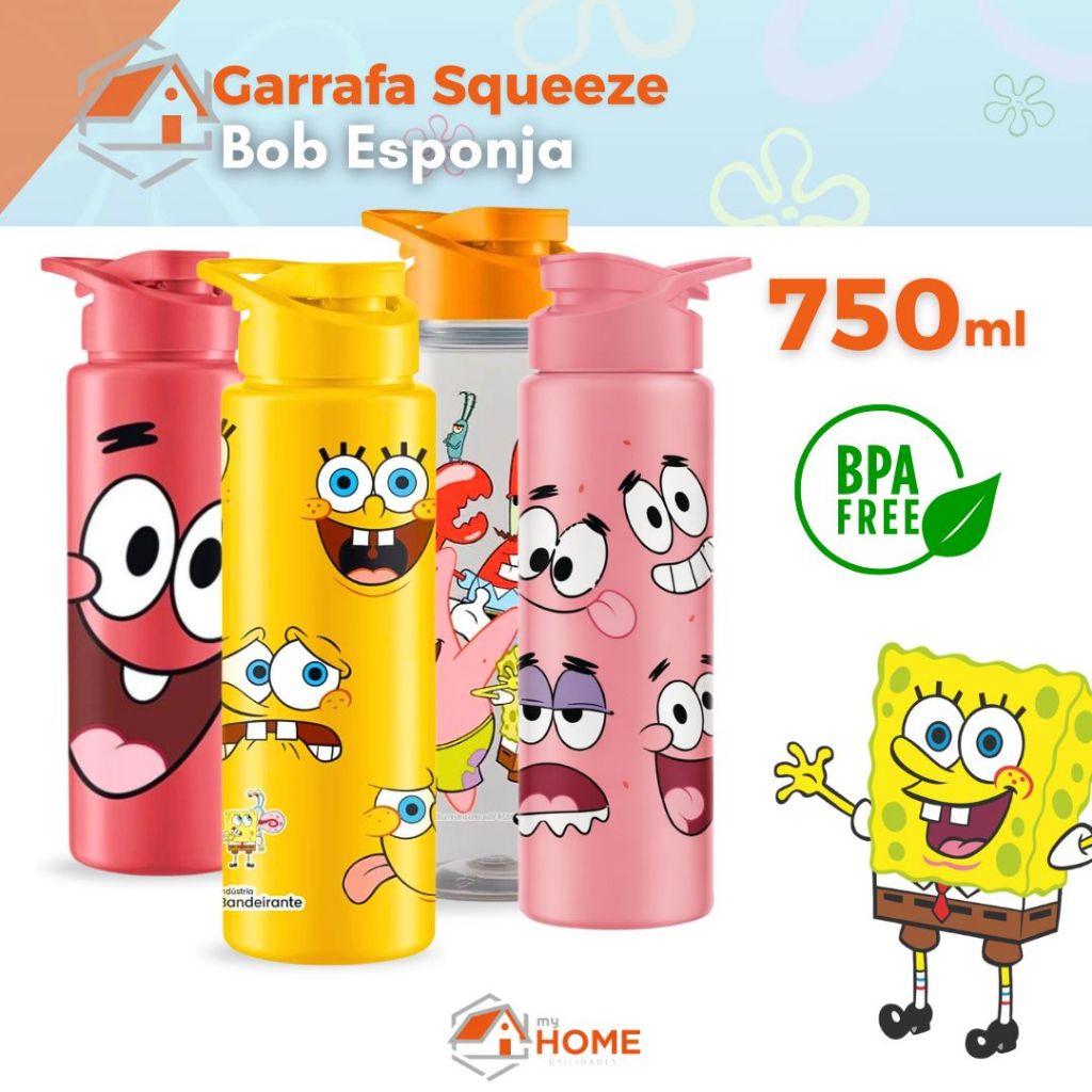 Garrafa Agua Squeeze Bob Esponja 750ml Infantil para Escola Viagem Passeio BPA Free Resistente