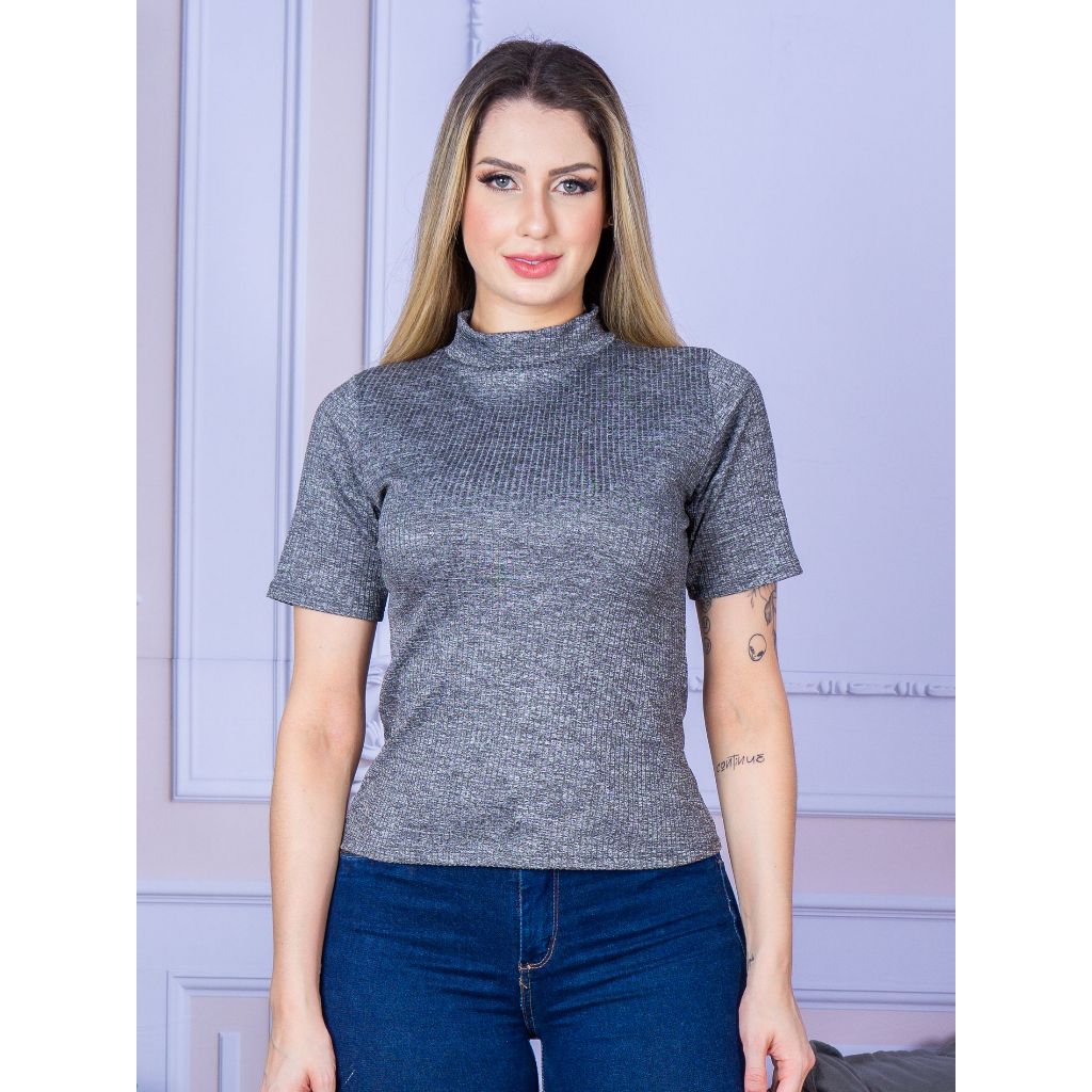 T-Shirt Gola Alta Com Manga Canelado Básica Camiseta Feminina