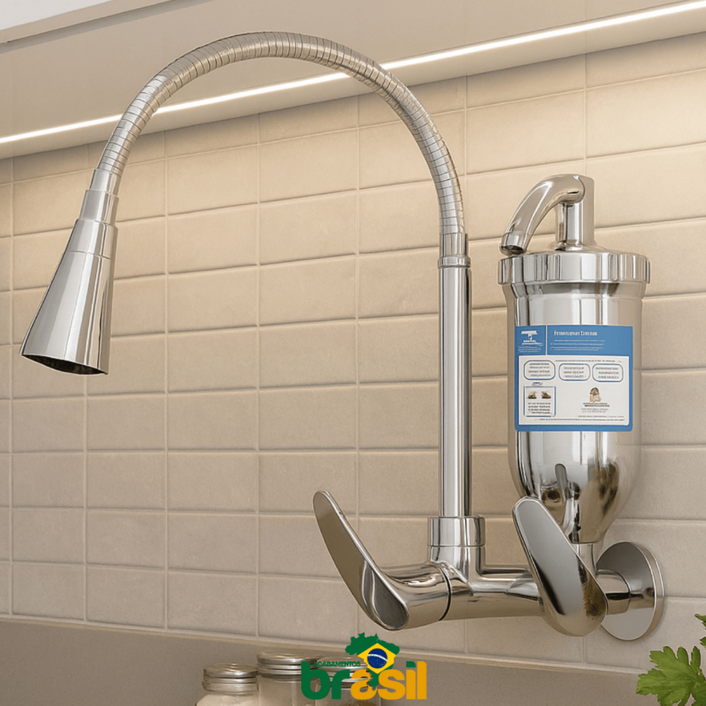 Torneira Gourmet Parede com Filtro Carvão Ativado 1/4 Volta Inox Flexível Duplo Jato cozinha cromado