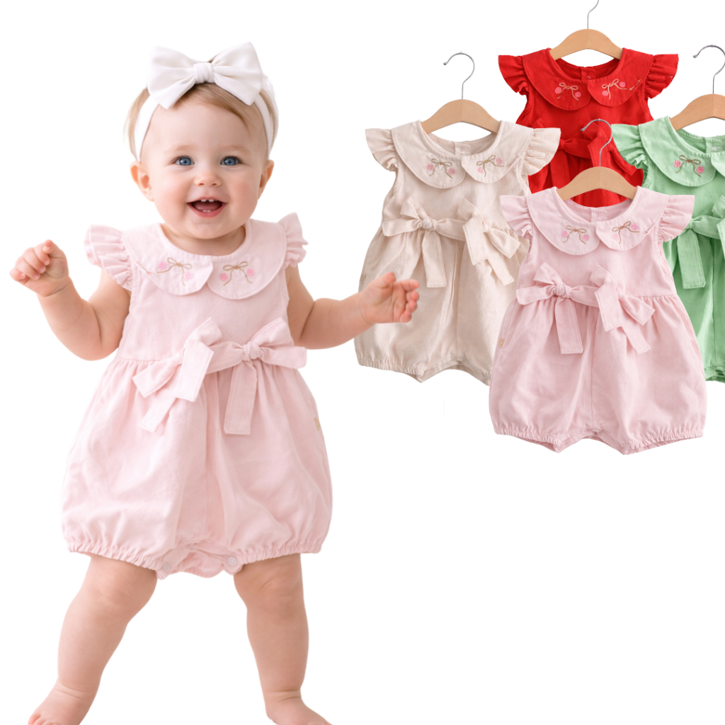 Bory macacão Infantil para bebe Encanto Vermelho  Bordado  jardineira para bebe