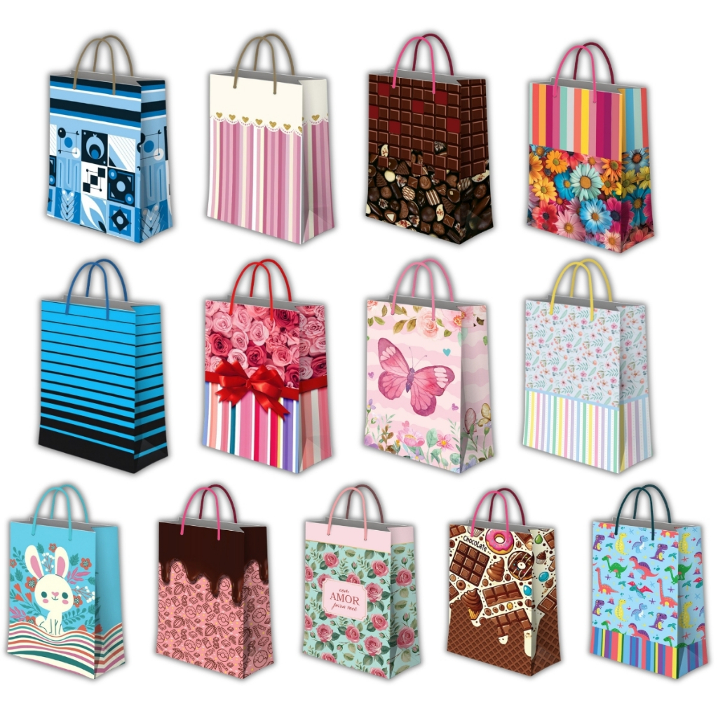 SACOLA DE PRESENTE GRANDE 24 X 38 X 6,7cm ESTAMPAS VARIADAS E PÁSCOA KIT COM 12, 24 ou 36 un.