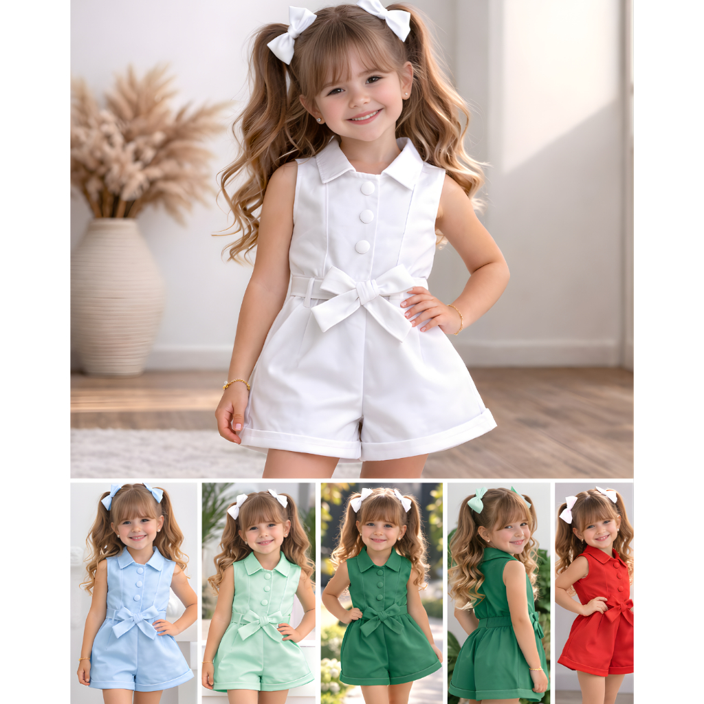 Macaquinho Infantil Meninas 4 ao 8 anos Elegante com 3 Botões e Cinto Laço – Cores Variadas em Oferta na Shopee