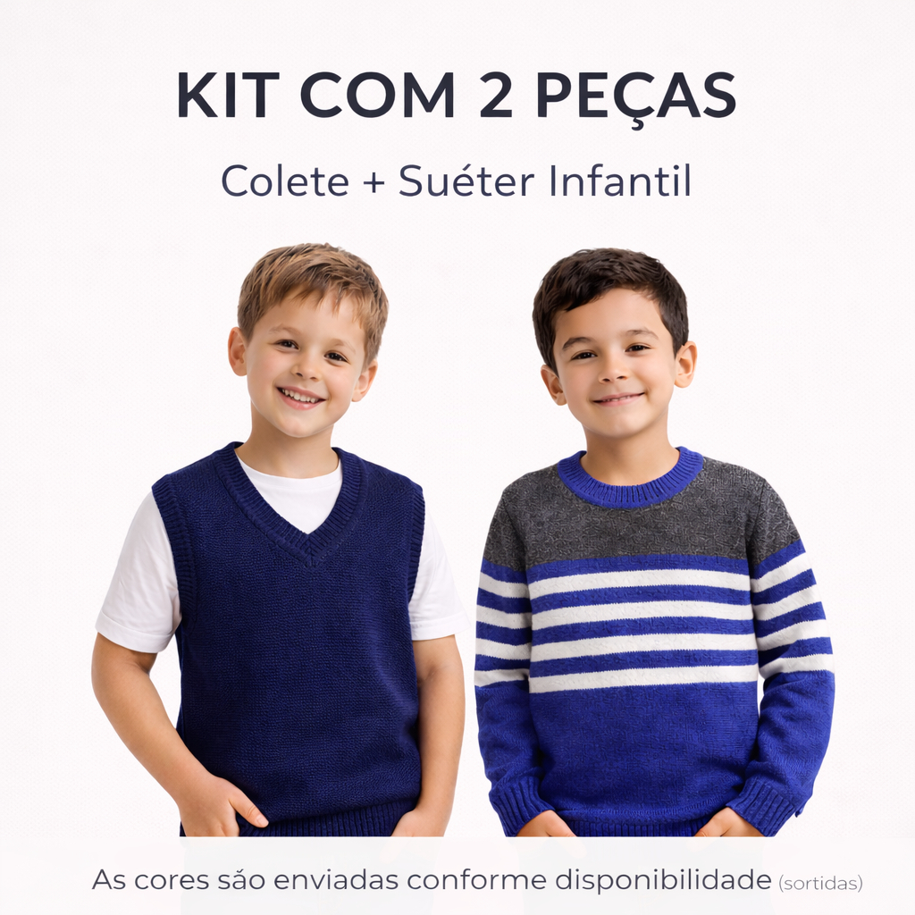Conjunto Infantil Inverno Masculino Kit 2 Peças Colete e Suéter Tricot Tam 2 ao 12 Cores Sortidas