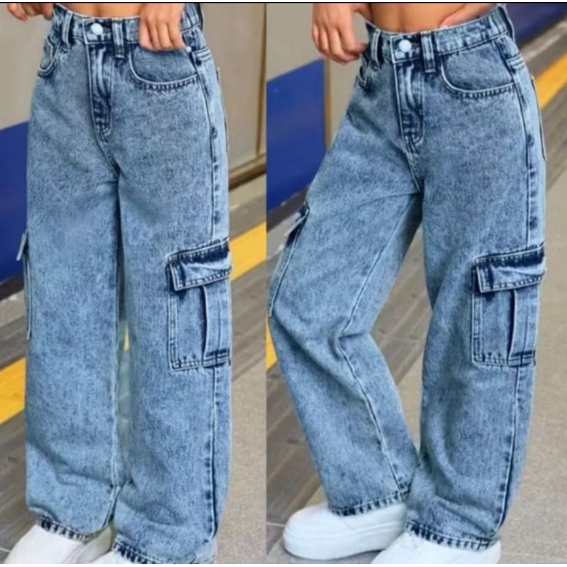 calça jeans Cargo widleg boca larga infantil juvenil clara marmorizada 10 ao 16
