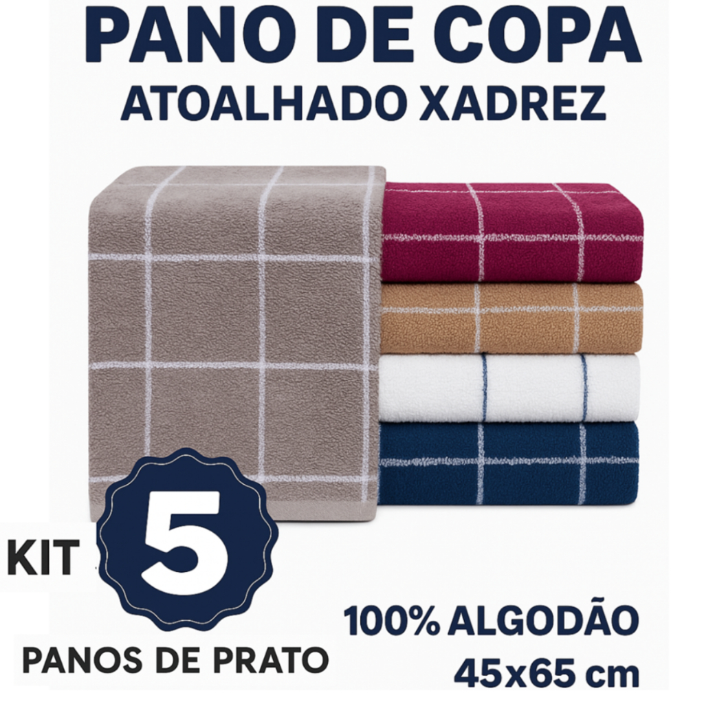 Kit 5 Pano Prato Copa Atoalhado Xadrez 100% Algodão Colorido Vintage Chef 5 Unidades