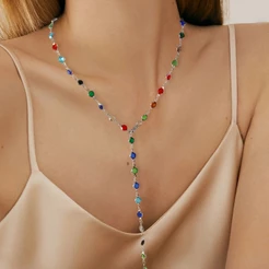 Colar Feminino Longo Colorido Prata Pedras Multicolor Elegante Boho Chic Festa Moda Verão Presente Luxo