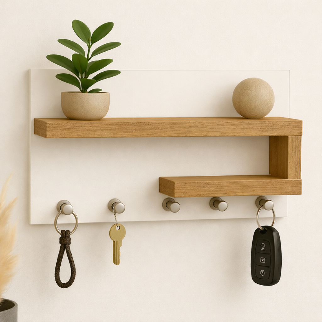 Porta Chaves Organizador com Prateleira decorativa – Design Moderno em MDF Branco e amadeirado em Oferta na Shopee