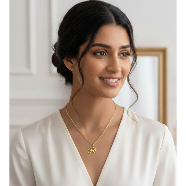 Colar Gargantilha Feminino folheado a ouro 18k com Pingente Palavra Fé / Corrente Feminina Tendência
