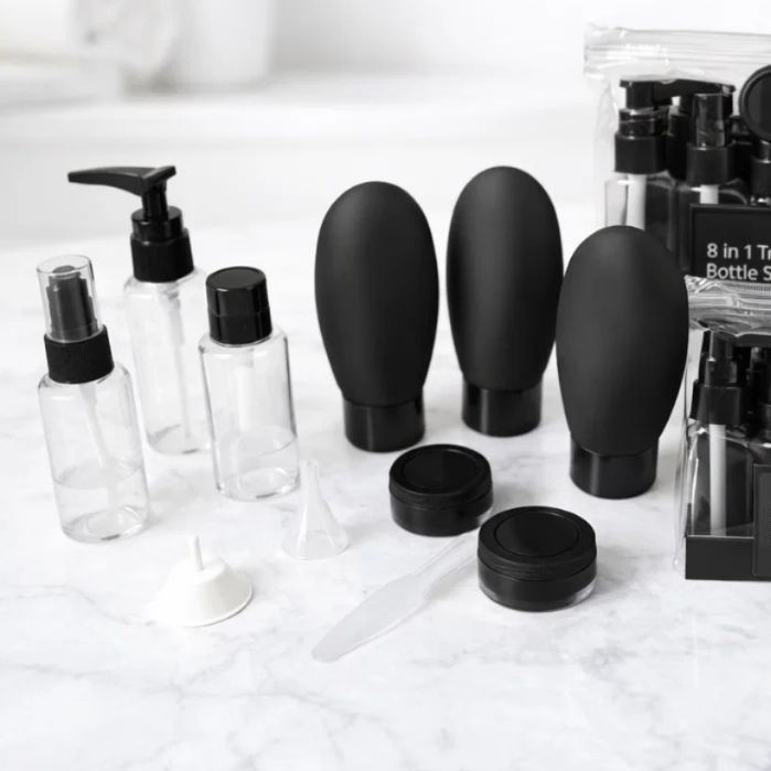 Imagem Kit Viagem Porta Cosméticos Creme Borrifador Higiene Pessoal Shampoo Sabonete Frascos Organizador