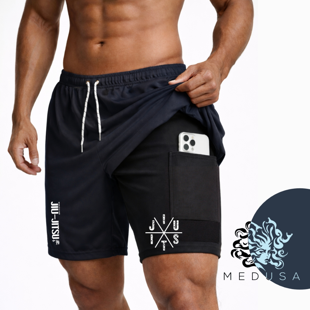 Bermuda Compressão 2em1 JIUJITSU 02 Masculina DryFit + Elastano Ideal Academia Corrida Bike Crossfit