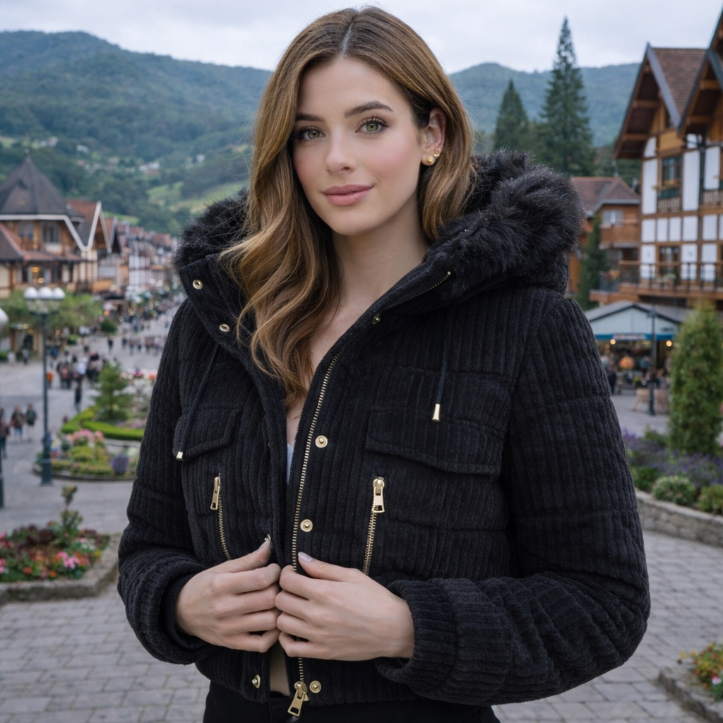 Jaqueta Puffer Feminina Cotelê Cropped Forrado Peluciado Capuz Removível em Oferta na Shopee