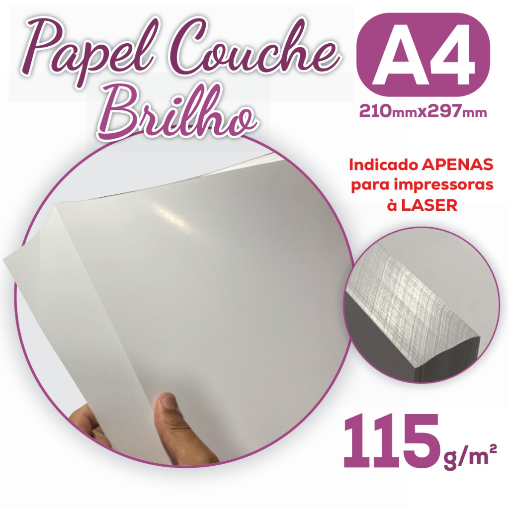 Papel Couche Brilho A4 115g Pacote com 50/200 Folhas - Branco Liso 210x297mm P/ impressoras à Laser