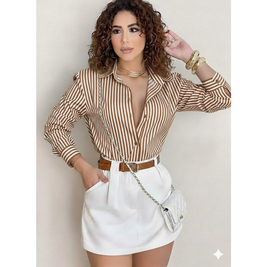 Camisa Social Feminina Listrada Manga Longa Elegante – Blusa Estilosa do P ao GG