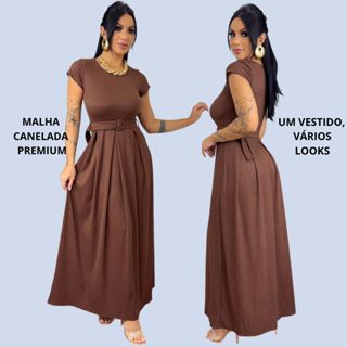 Vestido Longo Feminino Canelado Com Cinto Evangélico em Oferta na Shopee