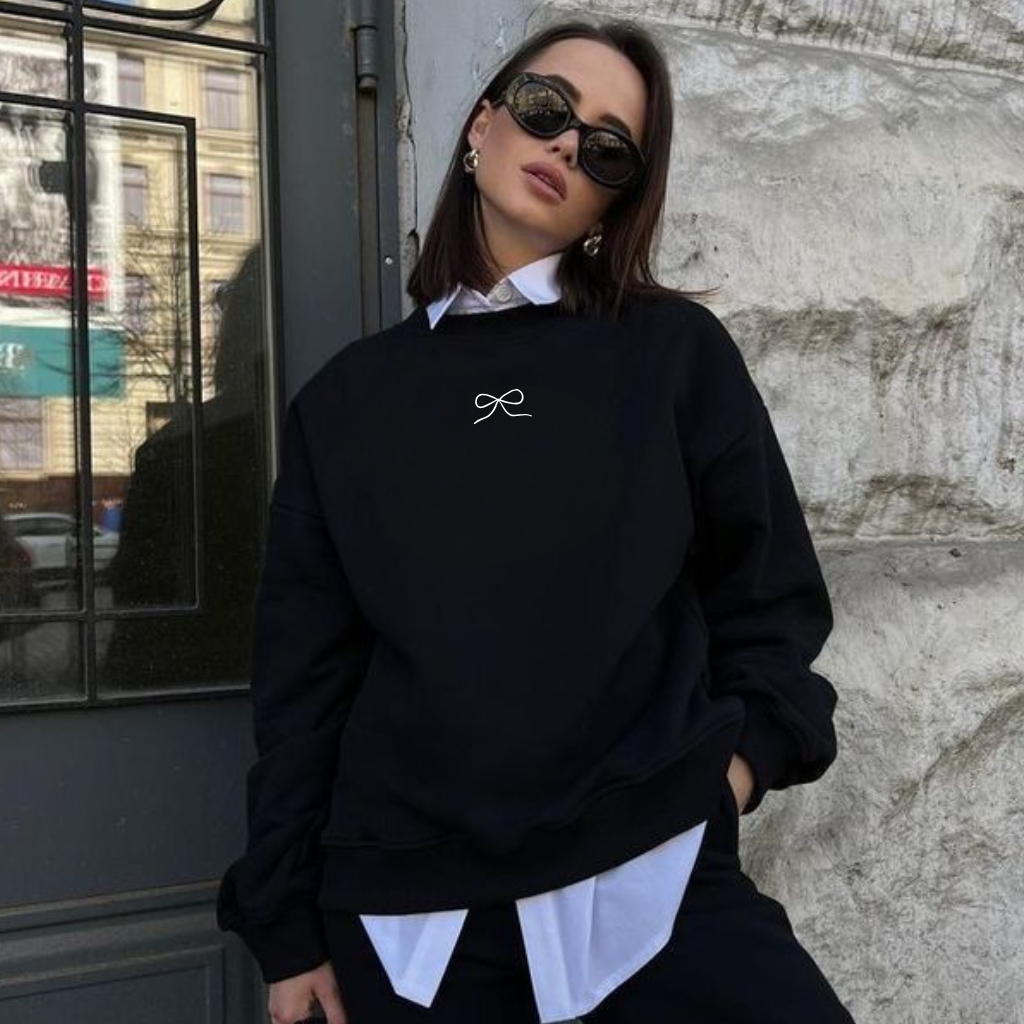 Blusa de Frio Moletom Algodão Feminino Gola Redonda Laço Blusão Tendência Moda Casaco Blogueira