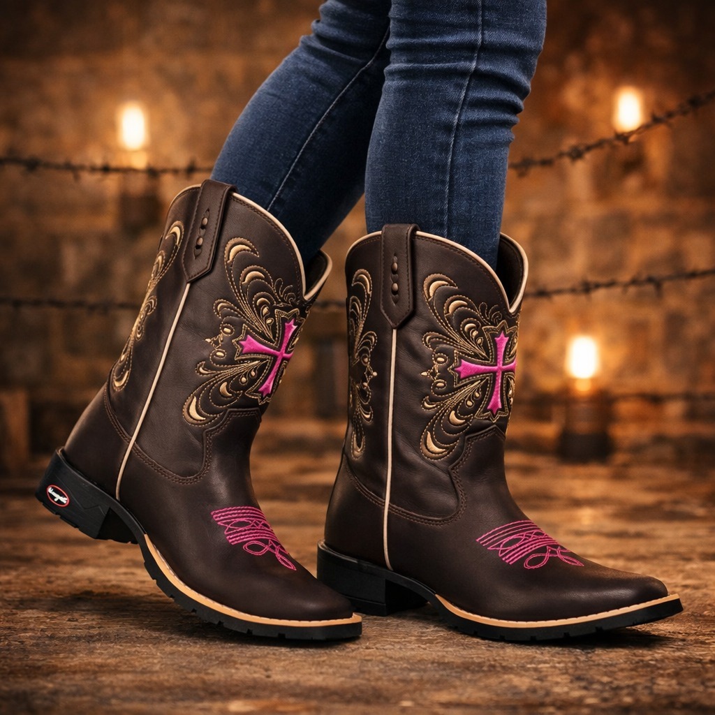Bota Texana Feminina Country Bico Quadrado Cruz Rosa LP em Oferta na Shopee