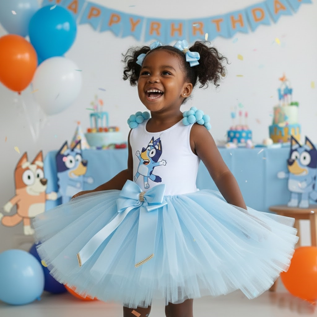 Roupa Festa Bluey Infantil Menina Fantasia Body e Saia de Tutu Azul Aniversário Menina