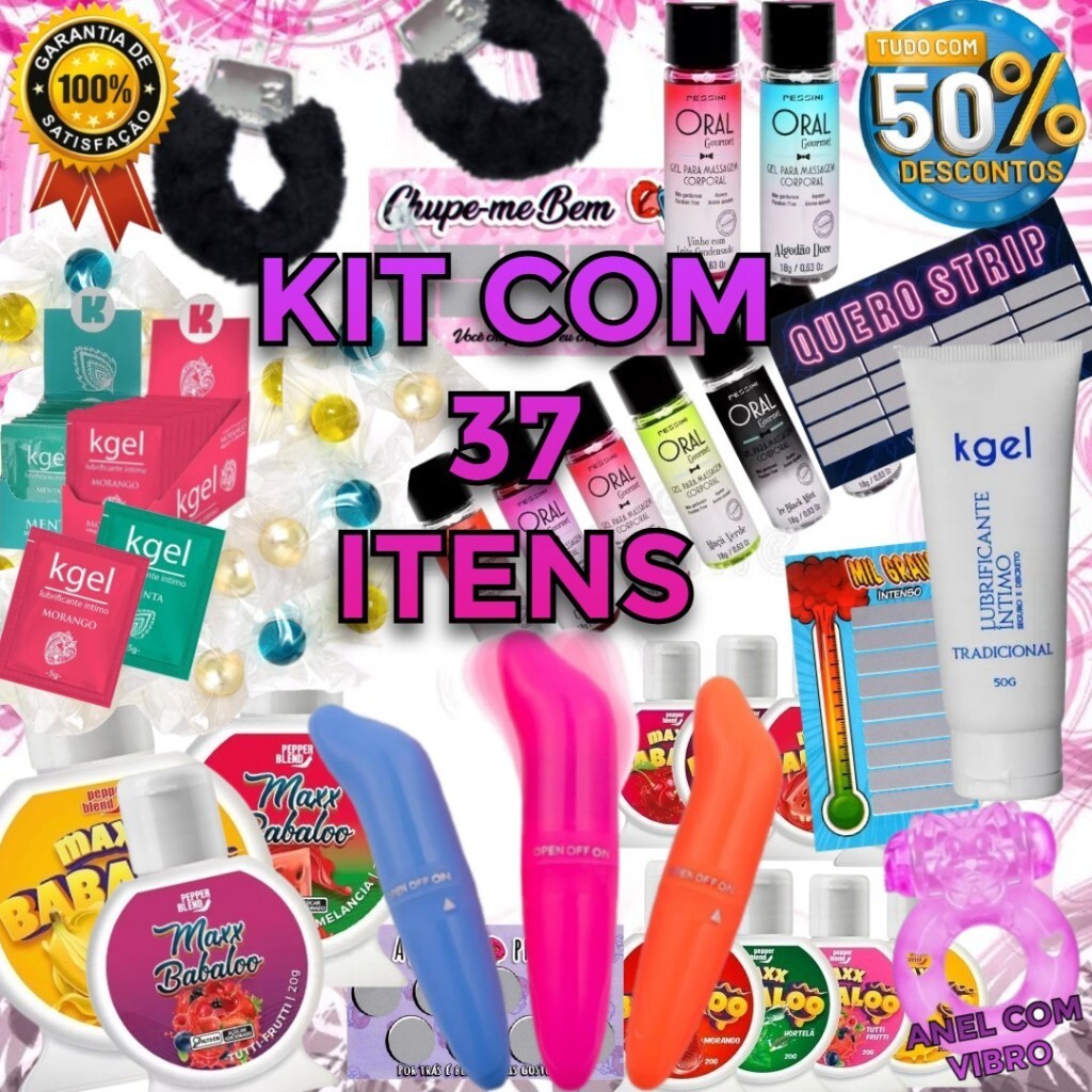 Kit sex shop com 37 itens kit erotico casal vibrador ponto g algema anel c/vibro lubrificante gel comestivel bolinha exp em Oferta na Shopee