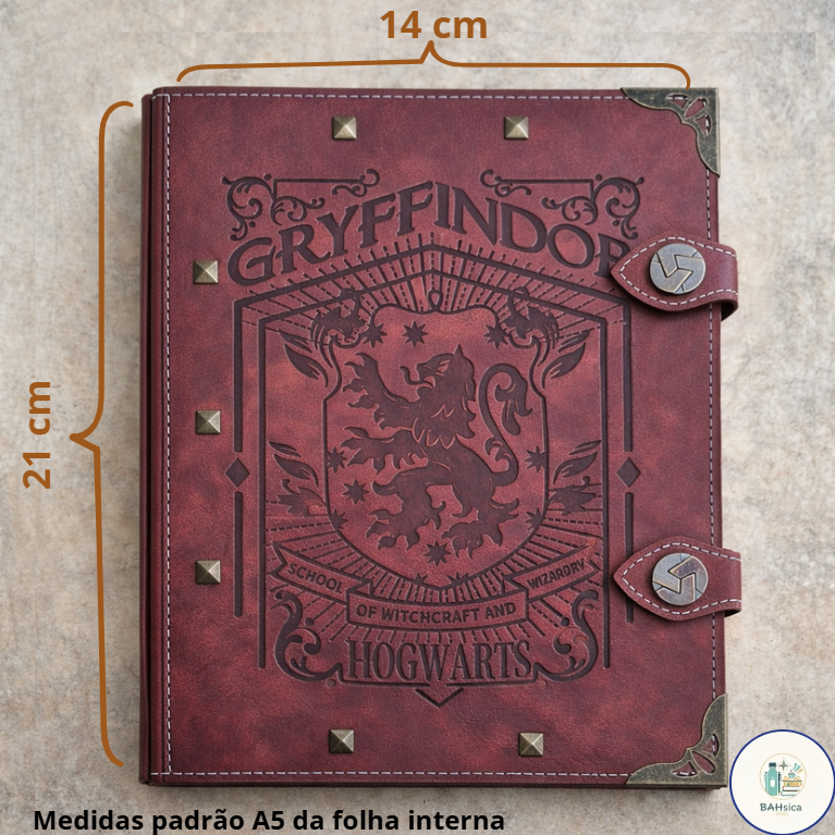 Kit Fichário Harry Potter A5 14,8x21cm c/ Fecho e Caneta Varinha - Capa Estilo Couro ou Só Fichário