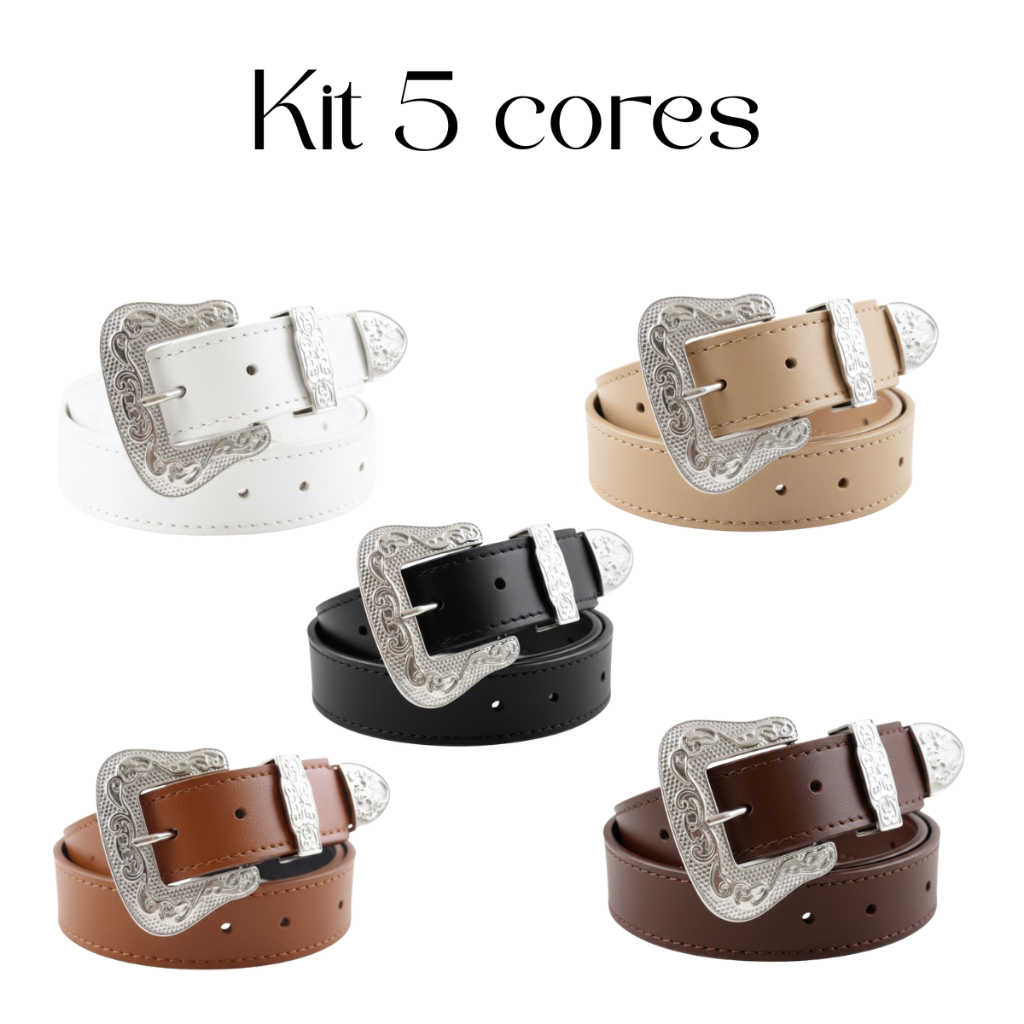 Kit 5 a 1 Cintos Femininos Country Fivela Prata Ponteira Luxo em Oferta na Shopee