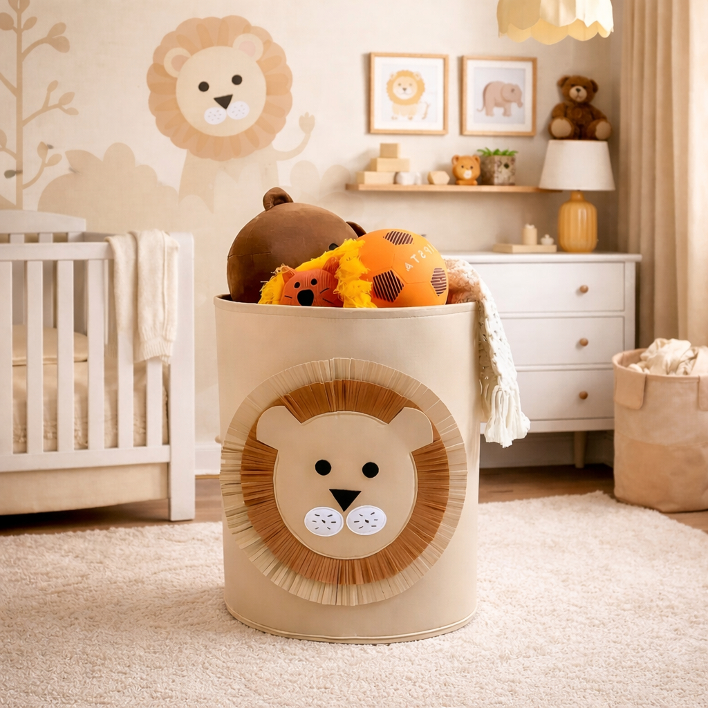 Cesto Organizador Feltro infantil Decorativo multiuso Dobrável Brinquedo Roupa Feltro Animal leão