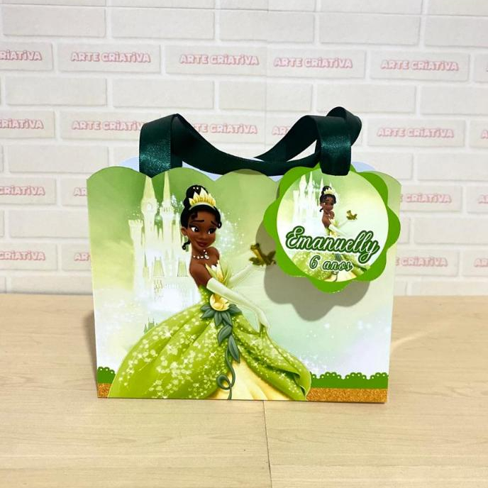 Sacolinha Ondas PEQUENA com Tag Personalizada Princesa Tiana A Princesa e o Sapo PEGUE E MONTE