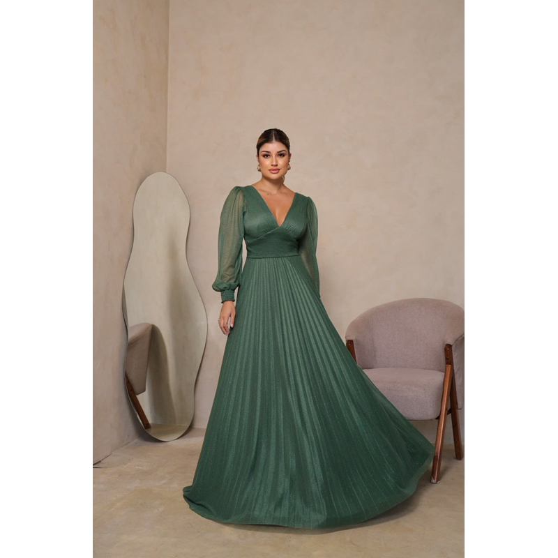 vestido de festa longo feminino decote e saia plissado MANGA ELASTEX em Oferta na Shopee