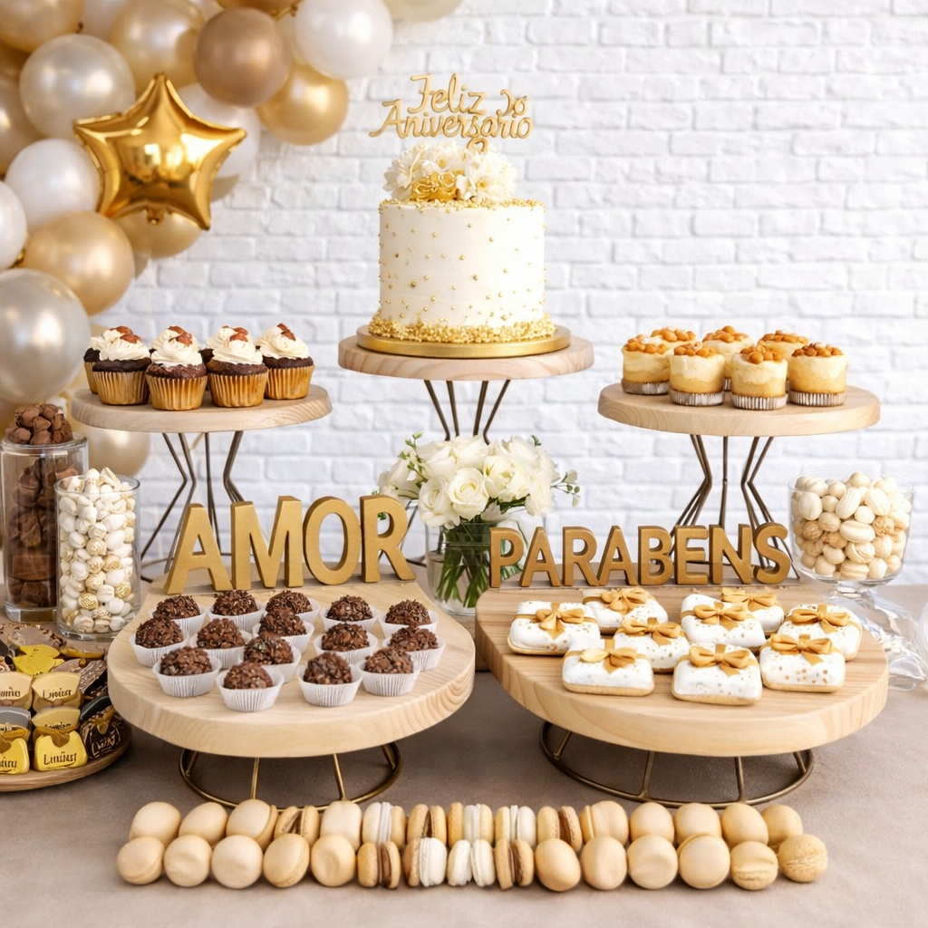 kit 5 Boleiras Doceiras Decorativas Festa e Eventos Madeira Base Dourada