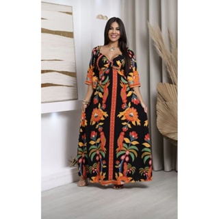 vestido longo estampado com elastano nas costas e bojo em Oferta na Shopee