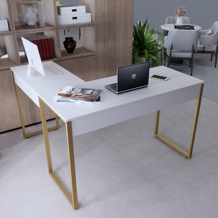Escrivaninha em L 120cm Mesa de Escritório Home de Metal Dourado Industrial Mesa de Canto Quarto